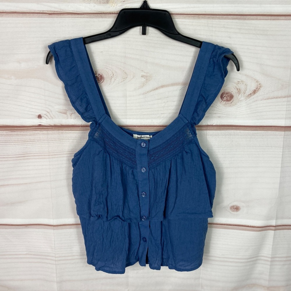 American Eagle Top Womens S Blue Crop Blouse Button Front Flutter Sleeve Ruffles